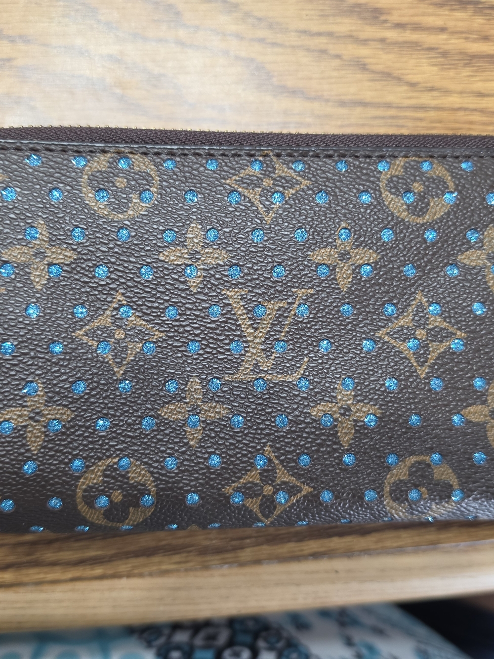 Designer Inspired Brown Monogram Card Holder with Blue Dot Accents